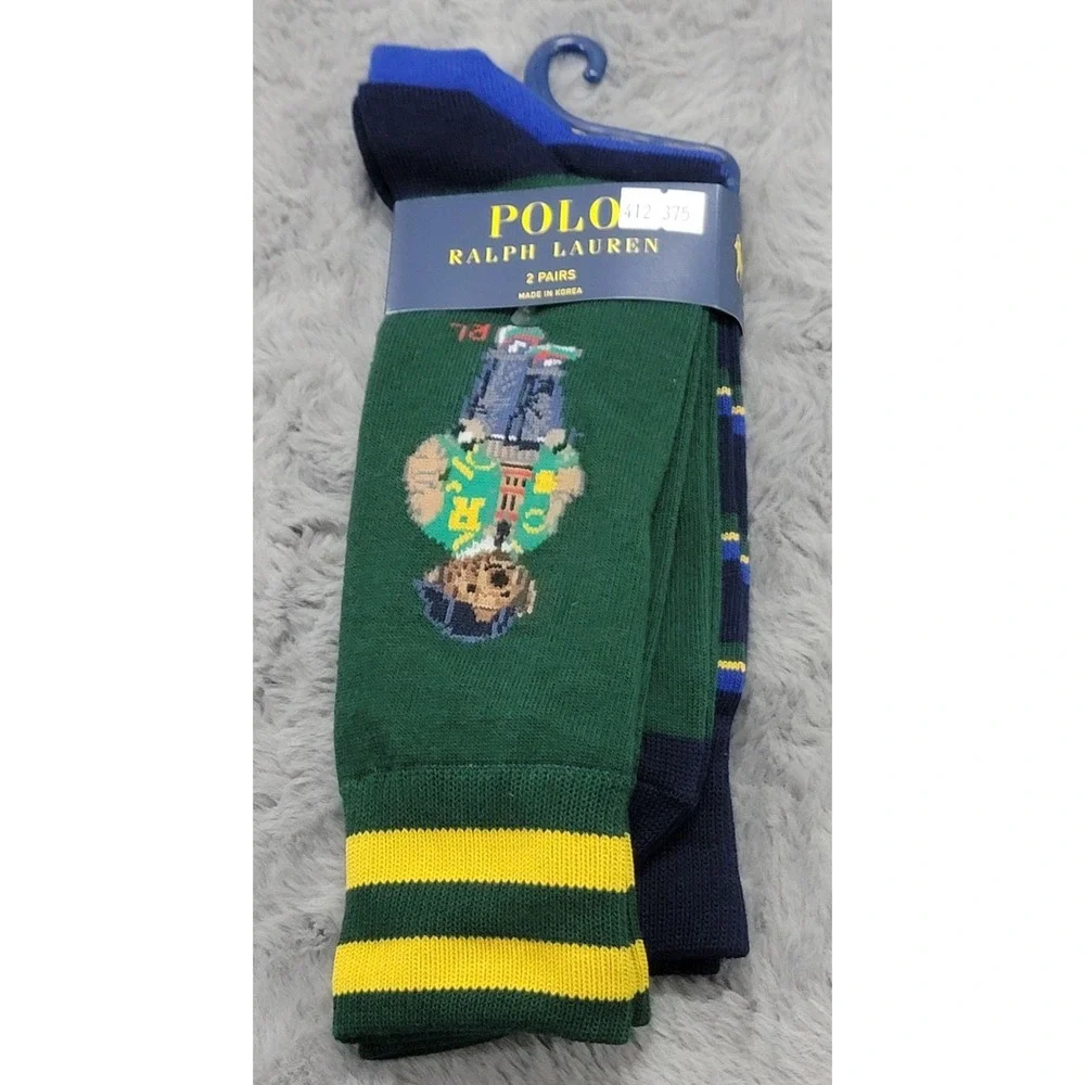 Polo Ralph Lauren Socks Mens 10-13 Green Navy Stripe Varsity Bear Crew 2 Pack